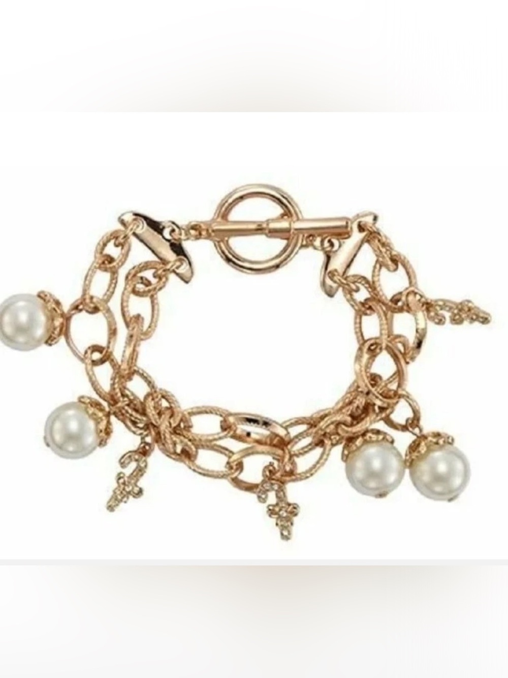 Avon Gold-Tone Pearl & Candy Cane Charm Chain Bracelet